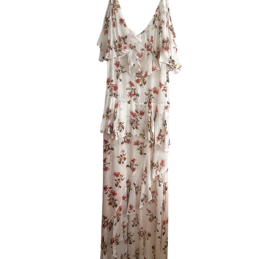 Shakuhachi Floral Chiffon Ruffle Maxi Dress Cold Shoulder Romantic Size Small